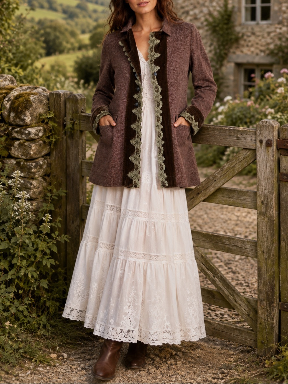 Nigel Preston Vintaged-Inspired Brown Herringbone Tweed Jacket Velvet Lace Trim
